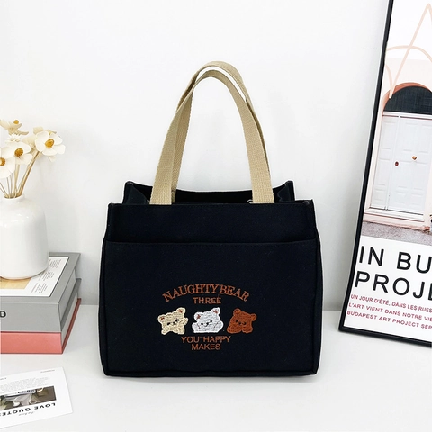 Borsa a Mano Piccola in Tela da Donna Orso Cartone Animato Ricamata Tote Bag Mini Pendolare Borsa Pranzo Casual Elegante Portatile