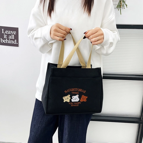 Borsa a Mano Piccola in Tela da Donna Orso Cartone Animato Ricamata Tote Bag Mini Pendolare Borsa Pranzo Casual Elegante Portatile