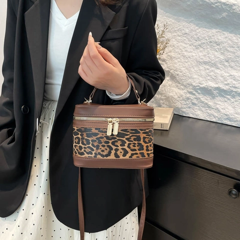 Damen Retro PU Leder Canvas Patchwork Beuteltasche Mode Leopardenmuster Handtasche Umhängetasche Reißverschluss Kosmetiktasche