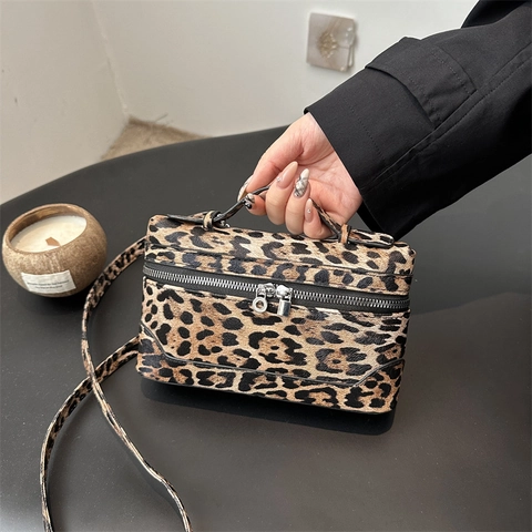 Vintage Leopard Print Box Bag For Women PU Leather Crossbody Bag With Top Handle Detachable Shoulder Strap Small Square Handbag