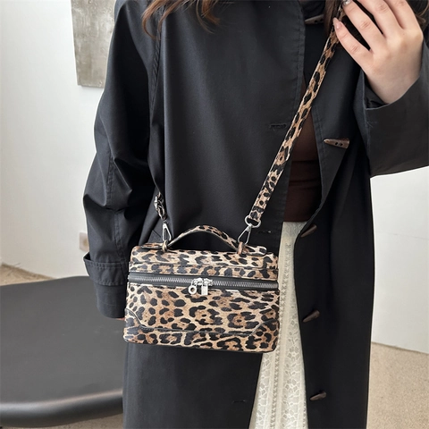Vintage Leopard Print Box Bag For Women PU Leather Crossbody Bag With Top Handle Detachable Shoulder Strap Small Square Handbag
