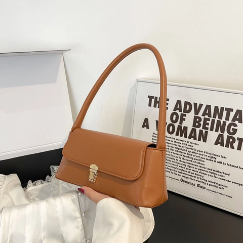 Bolso Baguette de Cuero PU Vintage para Mujer Bolso de Hombro Retro de Color Sólido Con Cierre de Metal Moda Viaje Trabajo