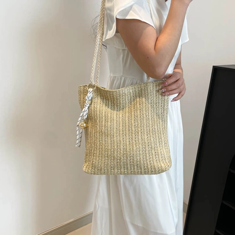 Borsa Tote Intrecciata da Donna Borsa a Spalla in Paglia Stile Foresta Ciondolo a Nastro Estate Spiaggia Borsa a Mano