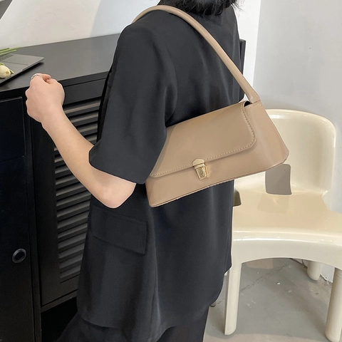 Bolso Baguette de Cuero PU Vintage para Mujer Bolso de Hombro Retro de Color Sólido Con Cierre de Metal Moda Viaje Trabajo