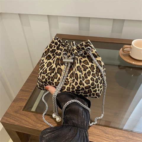 Women Fashion Leopard Print Drawstring Bucket Bag Canvas Polyester Chain Crossbody Bag With Artificial Pearl Embellishment