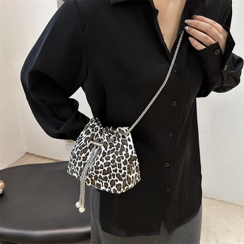 Women Fashion Leopard Print Drawstring Bucket Bag Canvas Polyester Chain Crossbody Bag With Artificial Pearl Embellishment