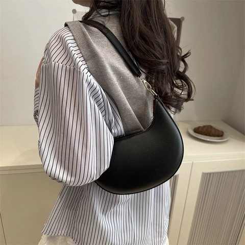 Retro PU Leren Halve Maan Hobo Schoudertas Voor Dames Mode Lychee Patroon Oksel Handtas Met Gouden Hardware Luxe