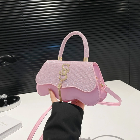 Stilvolle Damen Glitzer Strass Umhängetasche Wellenboden PU Leder Handtasche Mit Metallquaste Kleine Quadratische Tasche Für Party