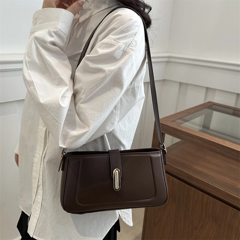 Borsa Sotto l'Ascella in Pelle PU alla Moda da Donna Borsa a Tracolla Semplice Fibbia in Metallo Retrò Tinta Unita Quotidiana