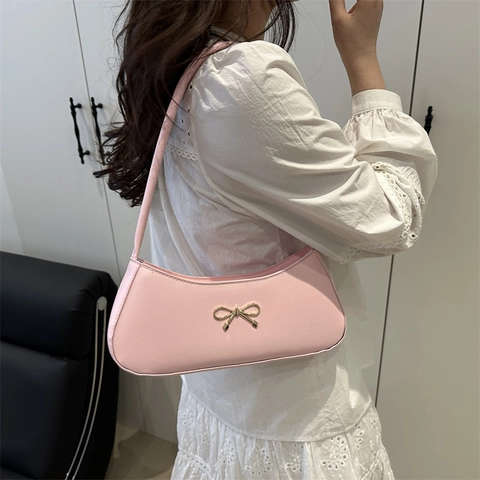 Bolso de Hombro Sobaco de Cuero PU con Lazo de Diseño de Nicho Francés para Mujer Bolso Baguette Minimalista Color Sólido