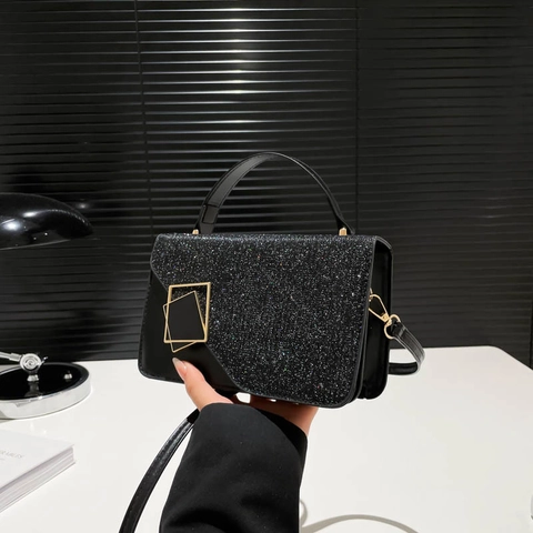 Women Fashion Glitter PU Leather Crossbody Bag Glitter Flap Shoulder Bag Small Square Handbag With Metal Buckle For Party Daily