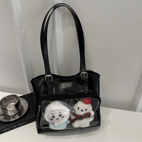 Damen Große Kapazität Schwarz PU Leder Ita Tasche Japanischer Stil Transparentes PVC Fenster Tragetasche Schultertasche Mit Plüschpuppen