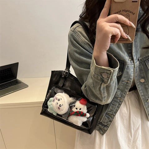 Damen Große Kapazität Schwarz PU Leder Ita Tasche Japanischer Stil Transparentes PVC Fenster Tragetasche Schultertasche Mit Plüschpuppen