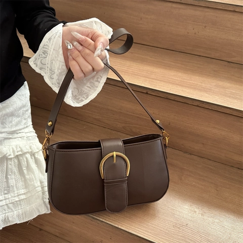 Bolso de Axila Retro para Mujer Bolso de Hombro de Cuero PU Con Hebilla de Metal Dorado Bolso de Bandolera Vintage Color Sólido