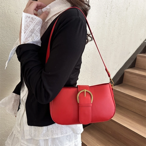 Bolso de Axila Retro para Mujer Bolso de Hombro de Cuero PU Con Hebilla de Metal Dorado Bolso de Bandolera Vintage Color Sólido