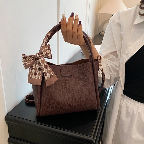 Women Lychee Pattern Bucket Crossbody Bag Minimalist PU Leather Handbag With Satin Scarf Decor Fashion Shoulder Bag For Daily