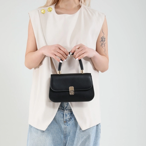 Elegante Bolso Bandolera Cuadrado Pequeño de Cuero PU para Mujer Bolso de Mano Versátil Con Cierre de Torsión Dorado