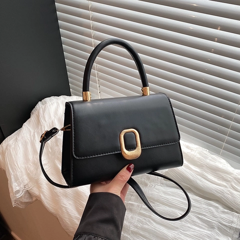 Minimalistische PU Leder Kleine Quadratische Handtasche Für Damen 2025 Mode Goldene Metallschnalle Umhängetasche Griff Tasche
