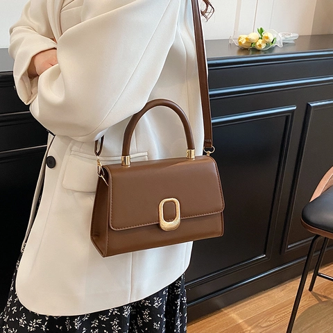 Minimalistische PU Leder Kleine Quadratische Handtasche Für Damen 2025 Mode Goldene Metallschnalle Umhängetasche Griff Tasche