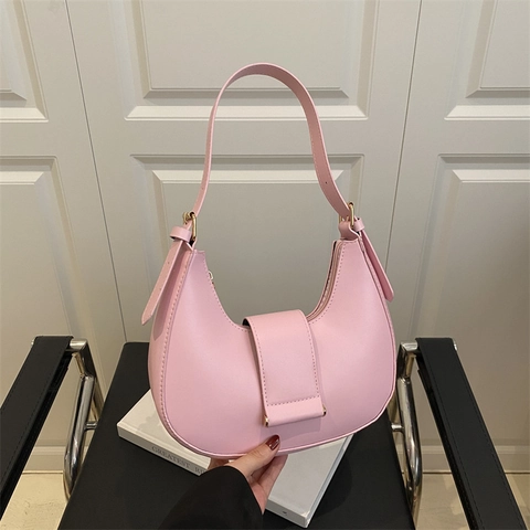 Vintage PU Leather Crescent Underarm Bag For Women Fashion Hobo Shoulder Bag With Adjustable Strap Solid Color Handbag