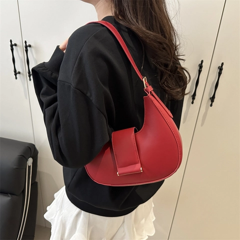 Bolso Hobo de Cuero PU Minimalista para Mujer Color Sólido Bolso de Hombro con Herrajes Dorados Bolso de Moda para Viaje