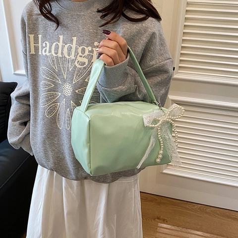 Korean Style PU Leather Solid Color Handbag For Women Fashion Waterproof Cosmetic Bag With Lace Pearl Bowknot Decor Small Travel Storage Handheld Bag