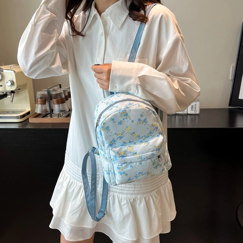 Cute Floral Mini Backpack For Women Students Fresh Sweet Nylon Small School Bag With Cloud Pendant Floral Printing Daypack
