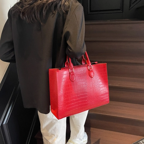 Bolso Tote de Mujer con Patrón de Cocodrilo Gran Capacidad de Cuero PU Bolso de Hombro para Viaje Diario Bolso de Mano Elegante Color Sólido