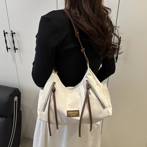 Bolso Bandolera De Cuero PU Vintage Para Mujer Bolso Hobo De Axila De Color De Contraste Retro Con Cremallera De Borla Bolso De Hombro