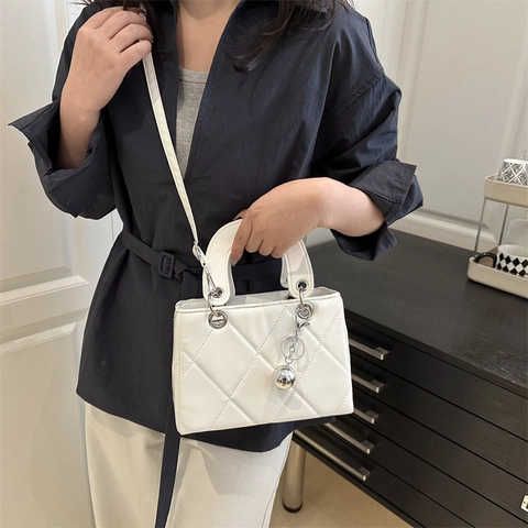 Women French Quilted Rhombic Crossbody Bag PU Leather Top Handle Handbag With Silver Ball Pendant Retro Niche Shoulder Bag