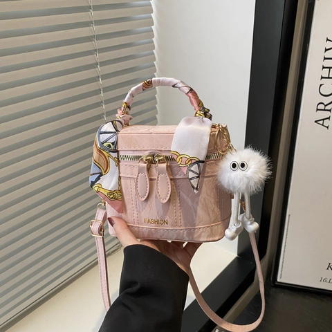 Women Vintage PU Leather Vanity Box Shoulder Bag With Marble Texture Silk Scarf Handle And Plush Charm Crossbody Handbag