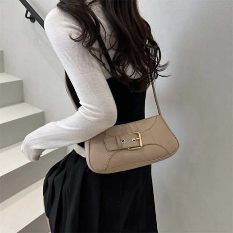 Borsa Sottobraccio in Pelle PU Donna Retrò Con Cuciture a Contrasto Fibbia Metallica Borsa a Tracolla Moda Quotidiana