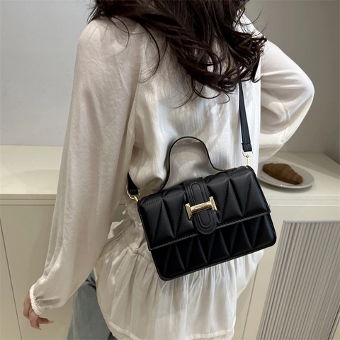 Fashion Women Quilted PU Leather Small Square Bag Crossbody Shoulder Bag With Top Handle And Metal Buckle Trendy Handbag