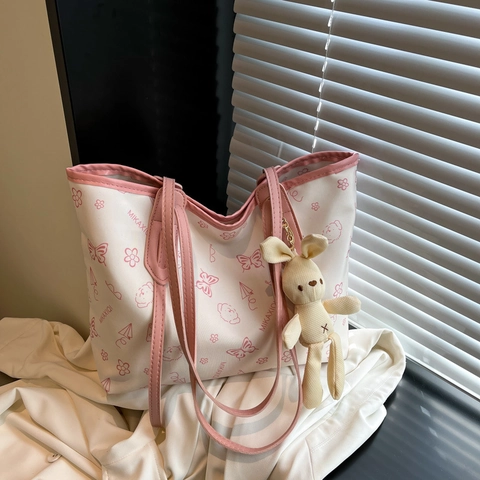 Borsa Tote in Nylon da Donna di Grande Capacità Borsa a Tracolla Trendy Con Stampa Cartoon per Università Pendolarismo Con Ciondolo Coniglio