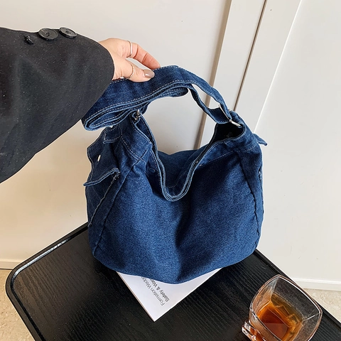Japanischer Ins Stil Washed Denim Umhängetasche Große Kapazität Damen Schultertasche Vintage Casual Tote Student Kuriertasche
