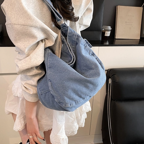 Borsa a Tracolla in Denim Lavato in Stile Giapponese Ins Grande Capacità Borsa a Spalla Donna Vintage Casual Tote Student Borsa