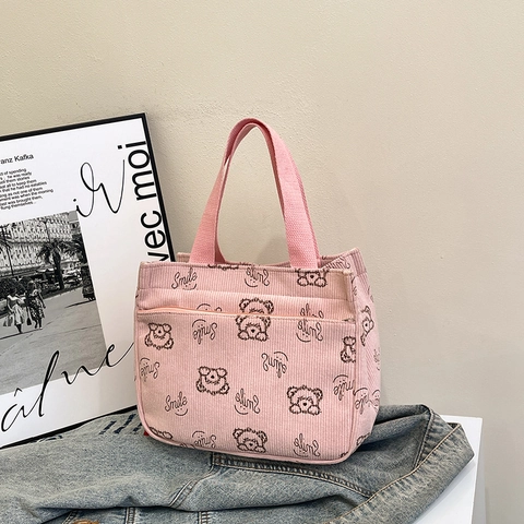 Borsa Tote Casual in Velluto a Coste da Donna Con Stampa Orsetto e Smile Tasca Frontale Borsa a Mano per Scuola Ufficio Viaggio