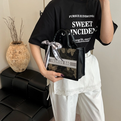 Fashion PU Leather Embroidered Butterfly Tote Bag With Decorative Scarf Chic Floral Handbag For Women Casual Fashion Bag
