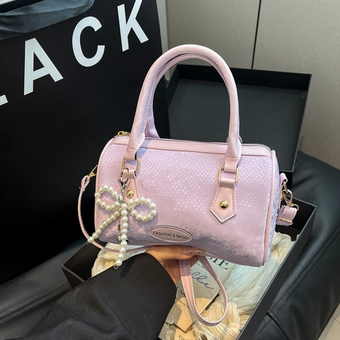 Women Fashion PU Leather Boston Bag Snake Embossed Cylindrical Crossbody Handbag With Pearl Bow Charm Elegant Korean Purse