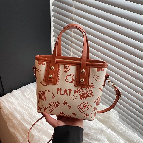 Women Cartoon Graffiti Print Crossbody Bag Cute PU Leather Small Square Tote Bag Contrast Color Printed Messenger Bag For Daily