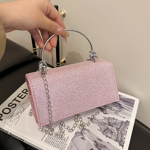 Bolso de Noche con Pedrería para Mujer Bolso de Mano de Banquete Brillante Asa de Anillo de Metal Bolso de Hombro de Cadena para Boda Fiesta