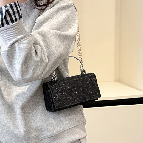 Bolso de Noche con Pedrería para Mujer Bolso de Mano de Banquete Brillante Asa de Anillo de Metal Bolso de Hombro de Cadena para Boda Fiesta