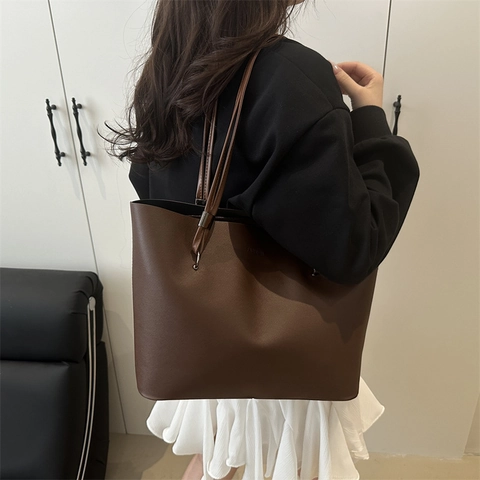 Large PU Leather Tote Bag For Women Minimalist Commuter Shoulder Bag Soft Texture Zipper Shopping Bag Solid Color Handbag