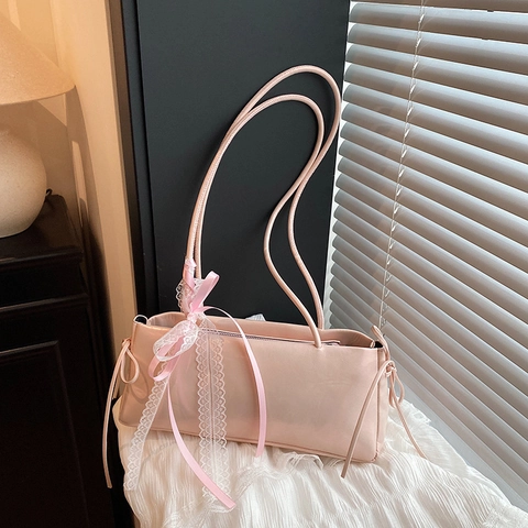 Women Fashion PU Leather Underarm Bag Sweet Lace Bow Shoulder Bag Elegant Baguette Bag For Daily Dating Small Square Bag