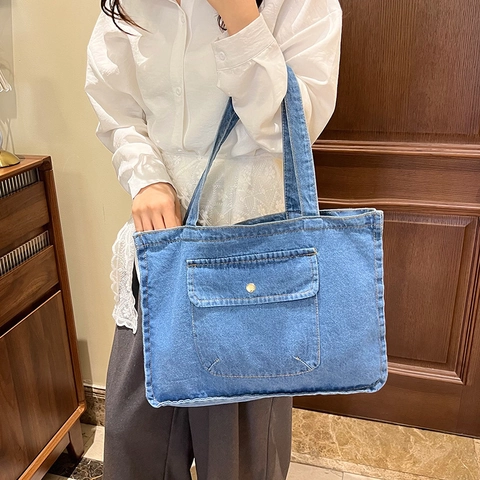 Damen Casual Denim Tote Bag Große Kapazität Umhängetasche Mit Vordertasche Einfacher Urbaner Stil Täglich Handtasche