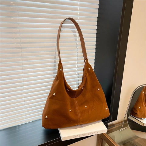 Vintage Samt Nieten Tote Bag Große Kapazität Schultertasche Für Damen Mode Hobo Handtasche Arbeit Reise Alltagstasche