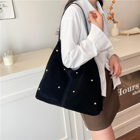 Vintage Samt Nieten Tote Bag Große Kapazität Schultertasche Für Damen Mode Hobo Handtasche Arbeit Reise Alltagstasche