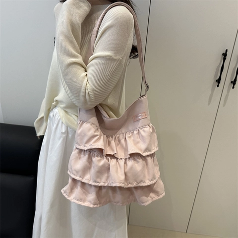 Bolso Bandolera de Lona con Volantes Estilo Coreano para Mujer Gran Capacidad Bolso Tote Plisado Color Sólido Casual Diario