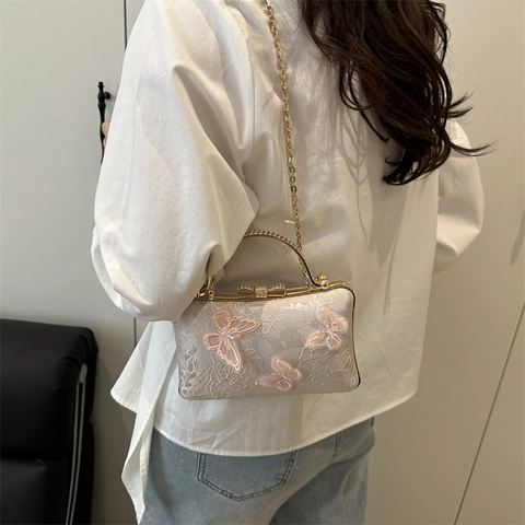Bolso De Noche Con Bordado De Mariposa Para Mujer Bolso De Mano Jacquard De Encaje Pequeño Con Cierre De Lazo De Strass Y Cadena Dorada