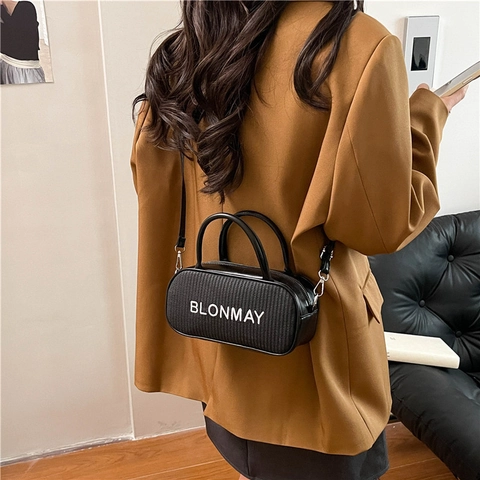 Vintage Weboptik PU Leder Umhängetasche Für Damen Modische Boston Zylinder Schultertasche Täglich Lässige Handtasche